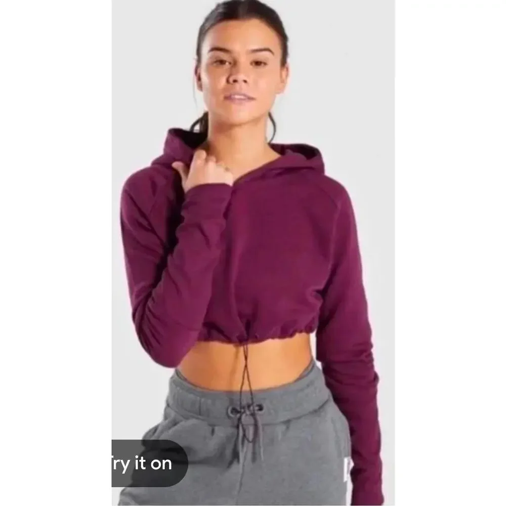 Gymshark Womens Cropped Hoodie Sweatshirt Pullover Training Drawcord Burgundy XS